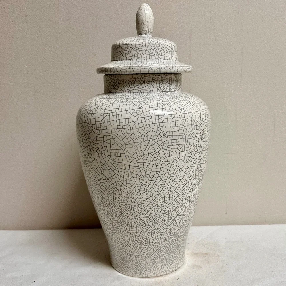 Vintage White Crackle Finish Ceramic Ginger Jar VaseTemple Jar Asian Modern 16”